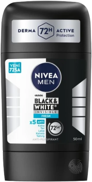 NIVEA Men Erkek Stick Deodorant Black&White Invisible Fresh 72 Saat Anti-Perspirant Koruma, 50 ml