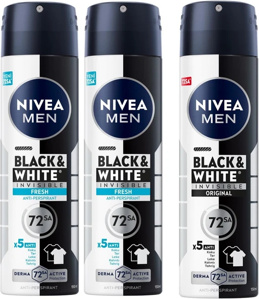 NIVEA Men Erkek Sprey Deodorant Black& White Invisible Fresh 150 ml X2 + NIVEA Men Erkek Sprey Deodorant Black & White Invisible Original 150 ml ürün görseli