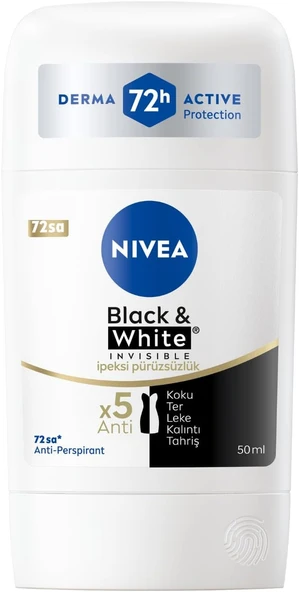 NIVEA Kadın Stick Deodorant Black&White Invisible İpeksi Pürüzsüzlük 72 Saat Anti-Perspirant Koruma, 50 ml