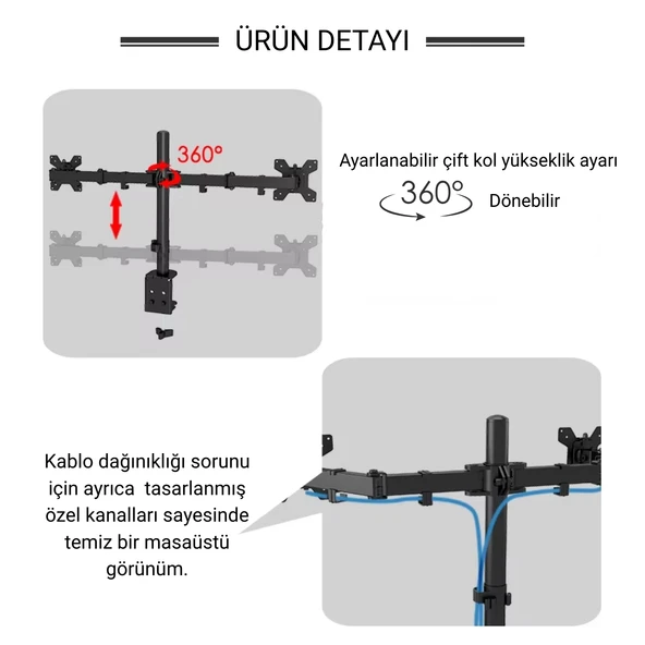 Çift Monitör Kolu 13–32 inç VESA 75×75 100×100 Tam Hareketli Ergonomik Metal Stand - 6