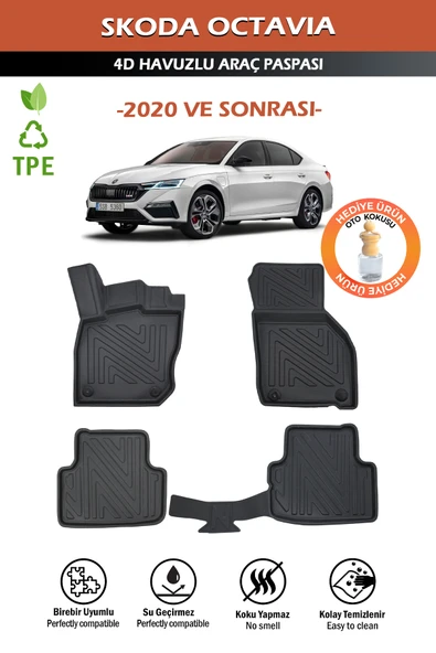 Havuzlu 4d Siyah Paspas Takımı,Skoda-Octavıa 2020 Ve Sonrası 4d Havuzlu Paspas+Araç Kokusu Hediye