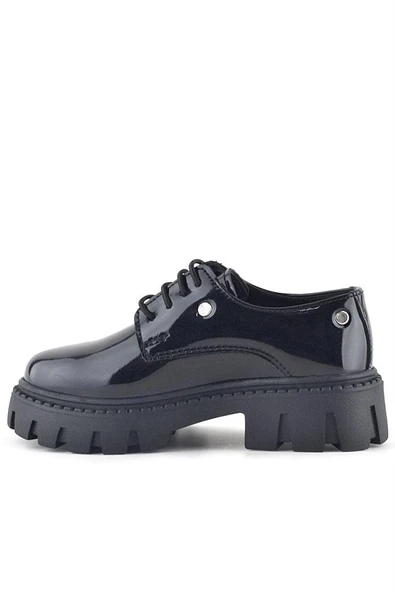 Rakerplus Siyah Rugan Bağcıklı Kız Çocuk Taş Detaylı Okul Ayakkabı - 5