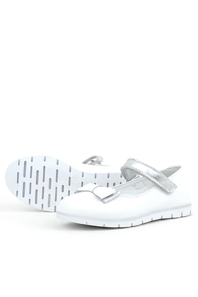 Rakerplus Hakiki Deri Beyaz Gümüş Fiyonklu Cırtlı Kız Çocuk Babet - Resim 5