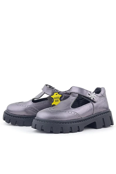 Rakerplus Hakiki Deri Platin Çiçek Detaylı Cırtlı Kız Çocuk Okul Ayakkabı - 4