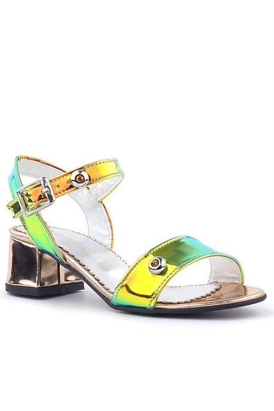 Pony Hologram Bakır Yeşil Kalın Topuklu Kız Çocuk Taş Detaylı Abiye Ayakkabı ürün görseli