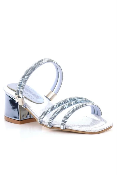 Judy Mavi Gümüş Taşlı Kız Çocuk Topuklu Terlik Ayakkabı - Resim 2