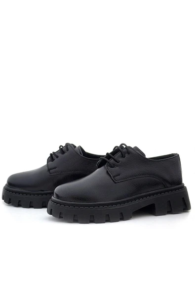 Rakerplus Siyah Kırışık Rugan Bağcıklı Kız Çocuk Oxford Okul Ayakkabı - 6