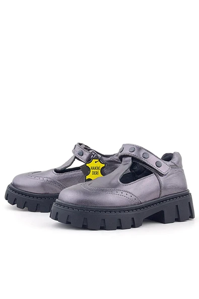 Rakerplus Hakiki Deri Platin Metal Detaylı Cırtlı Kız Çocuk Okul Ayakkabı - 4