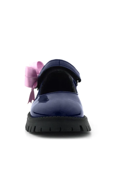 Rakerplus Lacivert Rugan Cırtlı Kalın Tabanlı Kurdeleli Kız Çocuk Okul Ayakkabısı - 4