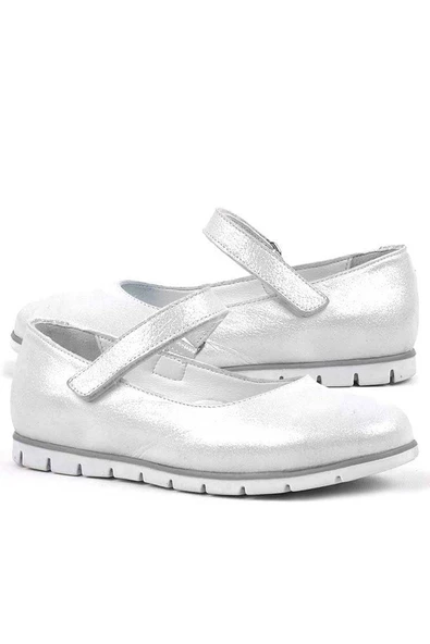 Rakerplus Hakiki Deri Gümüş Cırtlı Kız Çocuk Babet - Resim 4