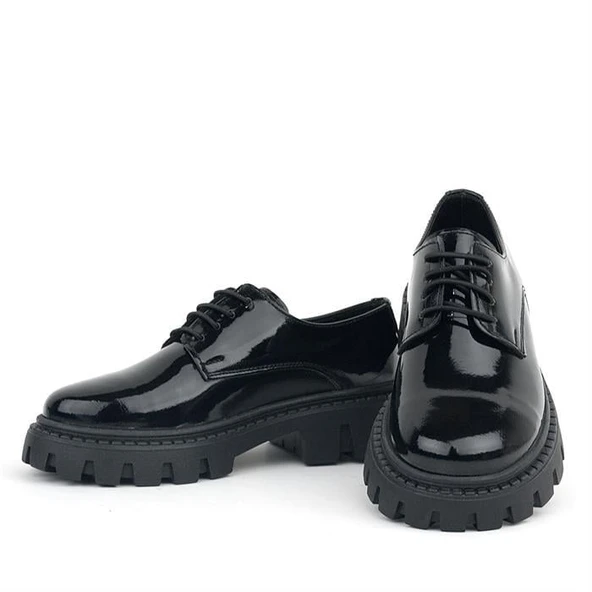 Rakerplus Siyah Rugan Bağcıklı Kız Çocuk Oxford Okul Ayakkabı - 11