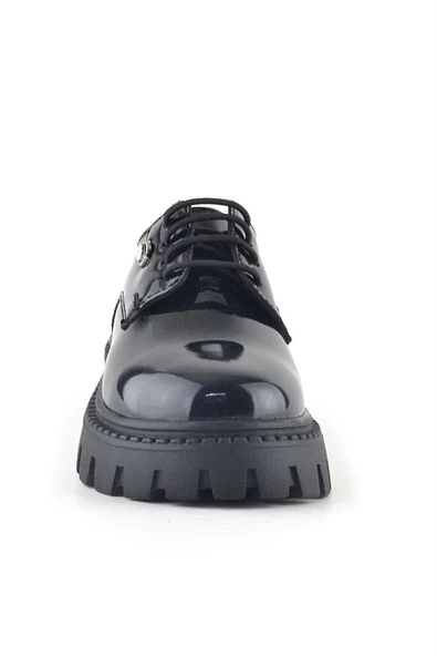 Rakerplus Siyah Rugan Bağcıklı Kız Çocuk Taş Detaylı Okul Ayakkabı - 3