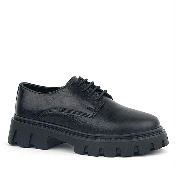 Rakerplus Siyah Kırışık Rugan Hakiki Deri Bağcıklı Kız Çocuk Oxford Okul Ayakkabı - 7