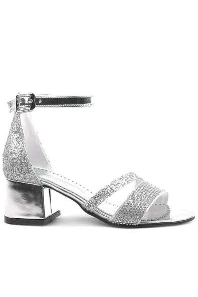 Anna Gümüş Simli Kalın Topuklu Bantlı Kız Çocuk Abiye Ayakkabı - Resim 3