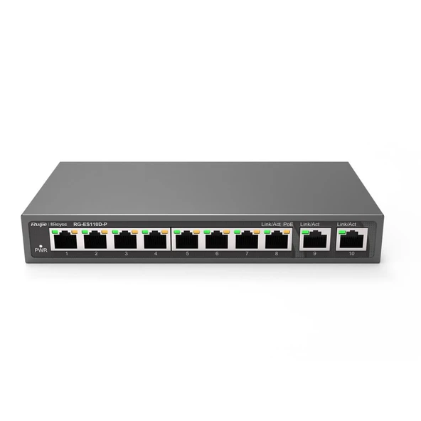 Ruijie-Reyee RG-ES110D-P 8 Port Poe+ 10-100 Mbps 2 Port 10-100-1000 Mbps Uplink Switch Çelik Kasa ürün görseli