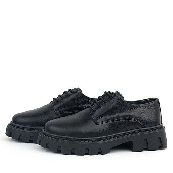 Rakerplus Siyah Kırışık Rugan Hakiki Deri Bağcıklı Kız Çocuk Oxford Okul Ayakkabı - 4