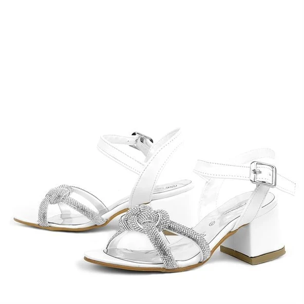 Beyaz Örgü Taşlı Kız Çocuk Abiye Kalın Topuklu Ayakkabı - Resim 7