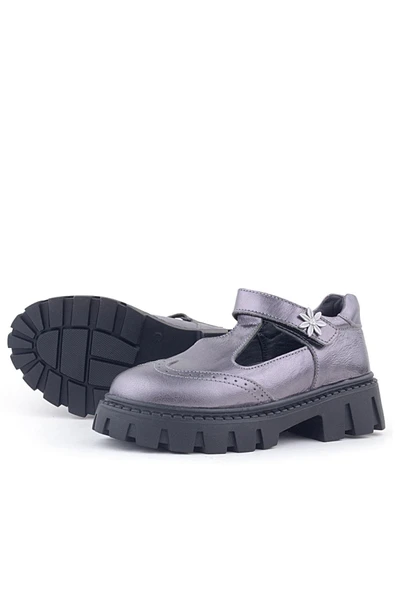 Rakerplus Hakiki Deri Platin Çiçek Detaylı Cırtlı Kız Çocuk Okul Ayakkabı - 5