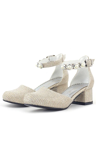 Merida Gold Simli Kalın Topuklu Taşlı Kız Çocuk Topuklu Ayakkabı - Resim 4