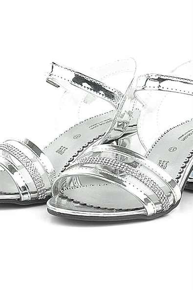 Gümüş Gri Rugan Taşlı Kalın Kız Çocuk Abiye Topuklu Ayakkabı - Resim 7