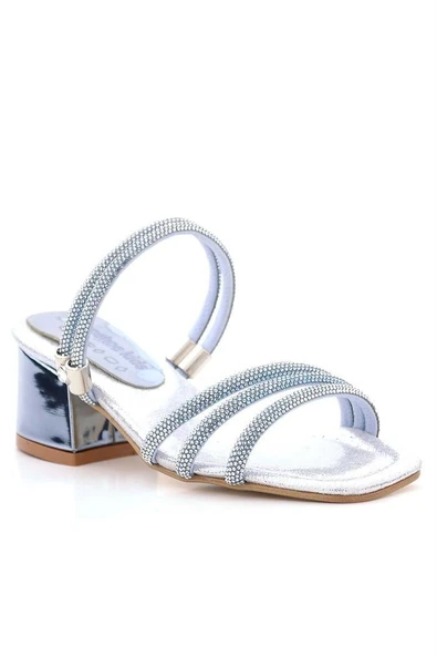 Judy Mavi Gümüş Taşlı Kız Çocuk Topuklu Terlik Ayakkabı - Resim 10