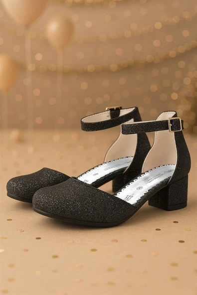 Merida Siyah Simli Kalın Topuklu Kız Çocuk Topuklu Ayakkabı - Resim 8