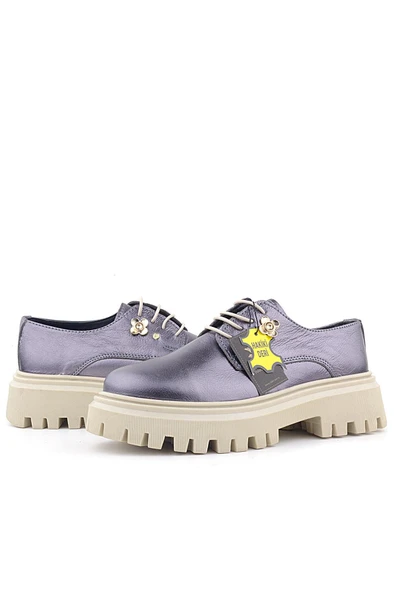 Rakerplus Platin Hakiki Deri Çiçek Detaylı Bağcıklı Oxford Günlük Ayakkabı - Resim 7