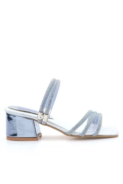 Judy Mavi Gümüş Taşlı Kız Çocuk Topuklu Terlik Ayakkabı - Resim 3