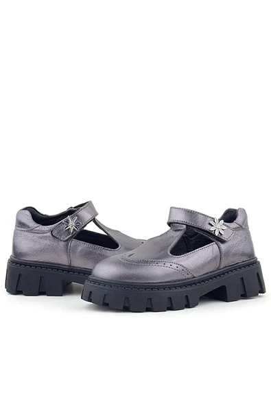 Rakerplus Hakiki Deri Platin Çiçek Detaylı Cırtlı Kız Çocuk Okul Ayakkabı - 6