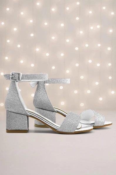 Lilo Simli Gümüş Tek Bantlı Kız Çocuk Topuklu Abiye Ayakkabı - Resim 8