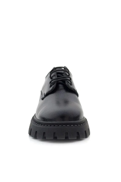 Rakerplus Siyah Kırışık Rugan Bağcıklı Kız Çocuk Oxford Okul Ayakkabı - 4