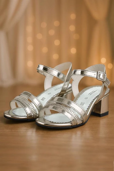 Gümüş Gri Rugan Taşlı Kalın Kız Çocuk Abiye Topuklu Ayakkabı - Resim 8