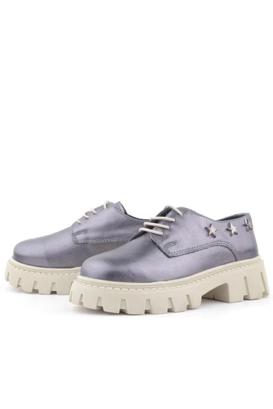 Rakerplus Platin Hakiki Deri Bağcıklı Yıldızlı Kız Çocuk Oxford Okul Ayakkabı - 4