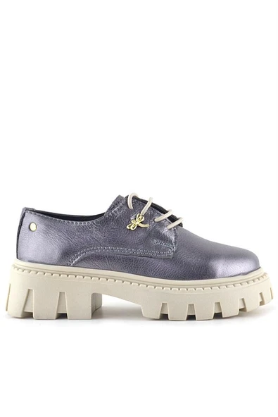 Rakerplus Platin Hakiki Deri Toka Detaylı Bağcıklı Kız Çocuk Günlük Ayakkabı - Resim 3