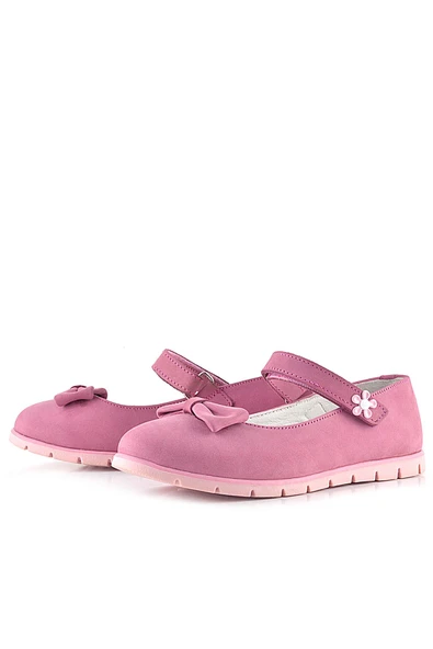 Rakerplus Hakiki Deri Pembe Fiyonklu Çiçek Detaylı Cırtlı Kız Çocuk Babet - Resim 5