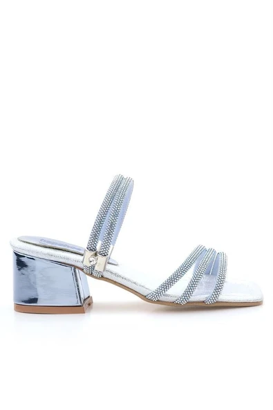 Judy Mavi Gümüş Taşlı Kız Çocuk Topuklu Terlik Ayakkabı - Resim 11