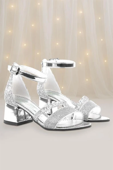 Anna Gümüş Simli Kalın Topuklu Bantlı Kız Çocuk Abiye Ayakkabı - Resim 9