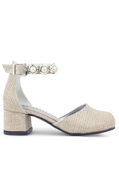 Merida Gold Simli Kalın Topuklu Taşlı Kız Çocuk Topuklu Ayakkabı - Resim 2