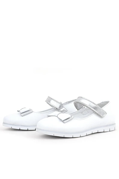 Rakerplus Hakiki Deri Beyaz Gümüş Fiyonklu Cırtlı Kız Çocuk Babet - Resim 4