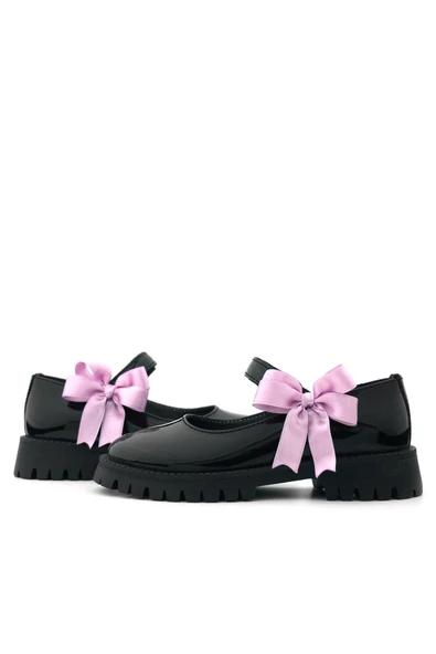 Rakerplus Siyah Rugan Cırtlı Kalın Tabanlı Kurdeleli Kız Çocuk Okul Ayakkabısı - 8