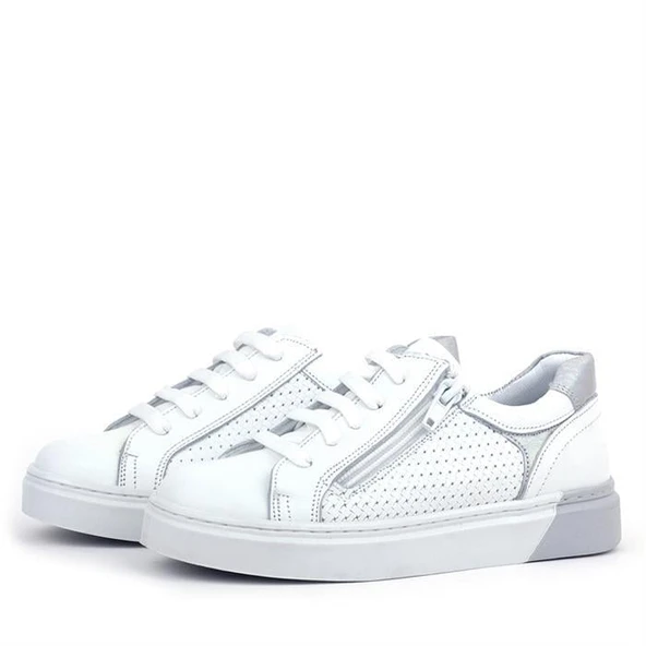 Hakiki Deri Alessio Beyaz Bağcıklı Kız Çocuk Spor Okul Ayakkabısı - 4