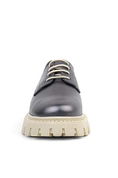 Rakerplus Platin Hakiki Deri Bağcıklı Kız Çocuk Oxford Okul Ayakkabı - 3