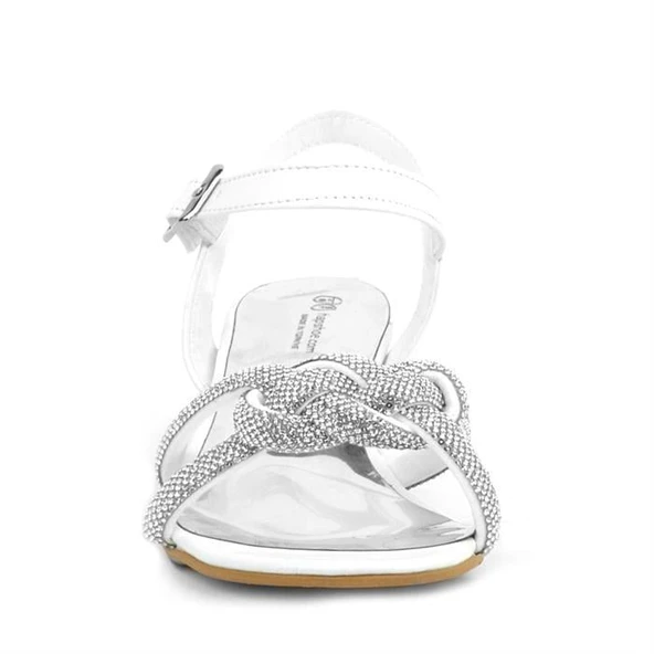 Beyaz Örgü Taşlı Kız Çocuk Abiye Kalın Topuklu Ayakkabı - Resim 12