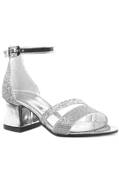 Anna Gümüş Simli Kalın Topuklu Bantlı Kız Çocuk Abiye Ayakkabı - Resim 10