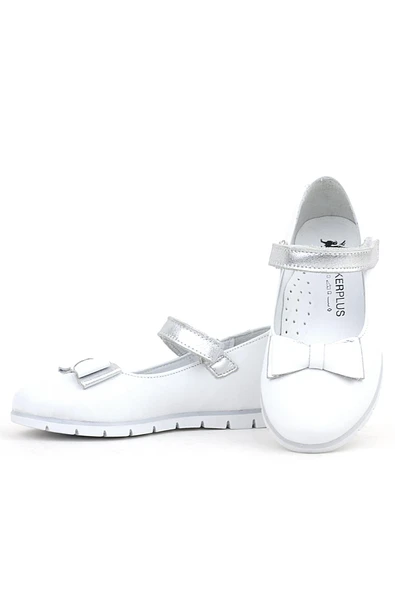 Rakerplus Hakiki Deri Beyaz Gümüş Fiyonklu Cırtlı Kız Çocuk Babet - Resim 6