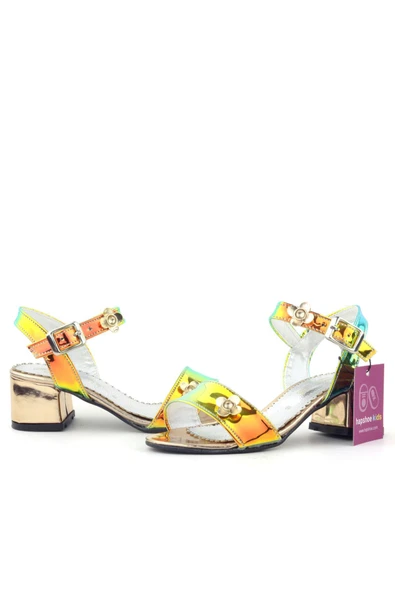 Pony Hologram Bakır Yeşil Kalın Topuklu Çiçek Detaylı Kız Çocuk Abiye Ayakkabı - Resim 5