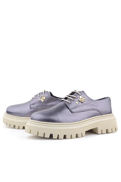 Rakerplus Platin Hakiki Deri Çiçek Detaylı Bağcıklı Oxford Günlük Ayakkabı - Resim 5