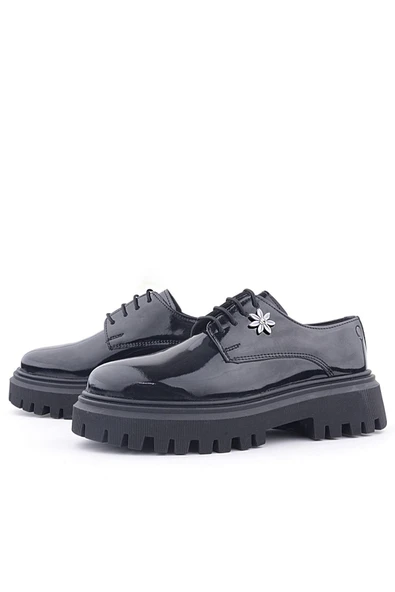 Rakerplus Siyah Rugan Bağcıklı Çiçek Detaylı Oxford Günlük Ayakkabı - Resim 4