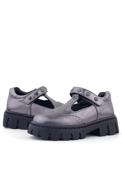 Rakerplus Hakiki Deri Platin Metal Detaylı Cırtlı Kız Çocuk Okul Ayakkabı - 6