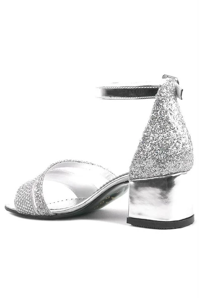 Anna Gümüş Simli Kalın Topuklu Bantlı Kız Çocuk Abiye Ayakkabı - Resim 4